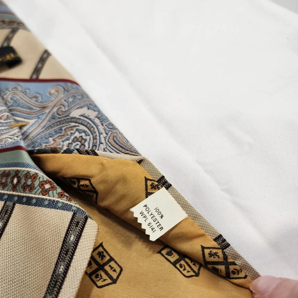 Vintage Danbury Mens Tie Paisley Geometric Tan Blue Burgundy WPL 6141 Polyester